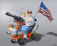 a man on a scooter with an american flag and a gun